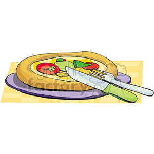 Clipart image depicting a pizza with various vegetables on a plate, accompanied by a knife and fork.