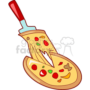 A clipart image of a pizza cutter with a red handle cutting a pizza slice with various toppings.