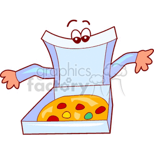 A clipart image of an open pizza box with a smiling face on it. The box contains a pizza with various toppings.