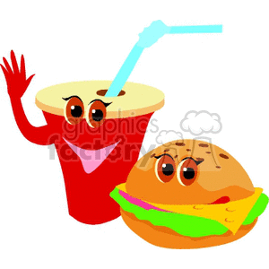 Cartoon-style clipart of a cheerful drink with a straw and a hamburger with eyes.