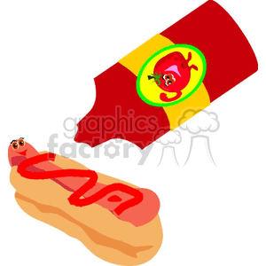 Clipart image of a ketchup bottle with a hot dog, both featuring friendly faces.