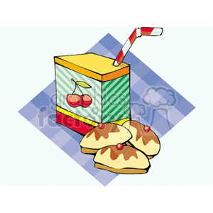 The clipart image features a box of cherry juice with a straw, accompanied by three cookies topped with cherries, set on a checkered background.