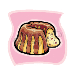 A clipart illustration of a bundt cake with icing and a slice cut out, displayed on a pink background.