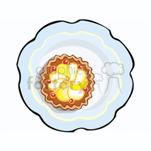 Illustration of a dessert tart with fruit and cream on a decorative plate.