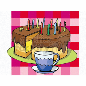 Birthday Cake with Candles and Cup of Tea