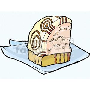 Clipart image of assorted slices of cake with decorative swirls and frosting on a plate.