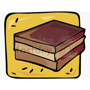 Clipart image of a layered cake slice with brown and beige layers, set against a yellow background.