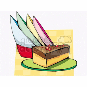 Colorful clipart illustration of a cake slice with decorative layers and toppings, placed on a green plate.