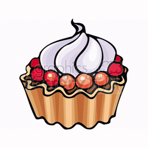 Clipart image of a cupcake with whipped cream topping and decorative cherries.