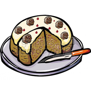 Illustration of a round cake with frosting and decorative toppings, placed on a plate with a knife.