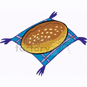 Clipart of a round bread loaf with sesame seeds on top placed on a blue patterned cloth.