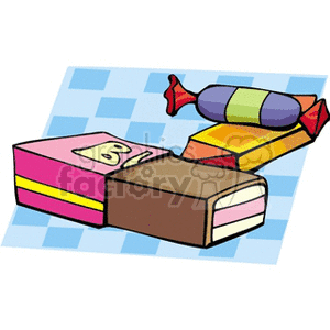 Clipart image of various sweets including a chocolate bar and wrapped candies on a patterned surface.