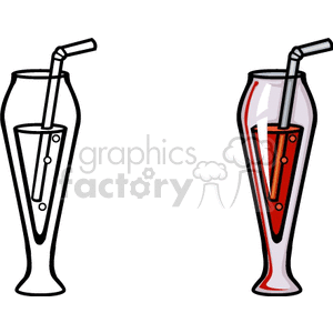 Clipart image of two cocktail glasses with straws, one empty and one filled with a red beverage.