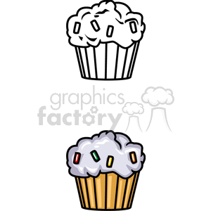 A colorful clipart image of two cupcakes, one in black and white and one in color with sprinkles on top.