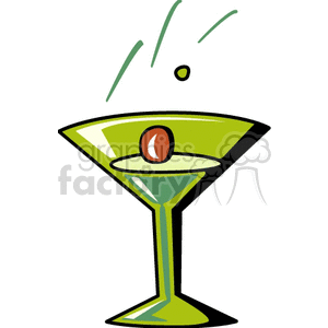 A colorful clipart image of a green martini glass with an olive.