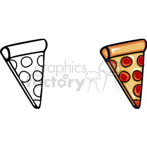 Clipart of two pizza slices, one outlined and one colored with pepperoni toppings.