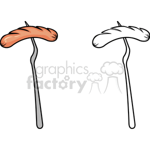 Clipart illustration of a hotdog on a fork, with a colored and outline version.