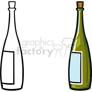 Clipart image featuring two wine bottles, one with color and one outlined. The colored bottle has a cork and a label.