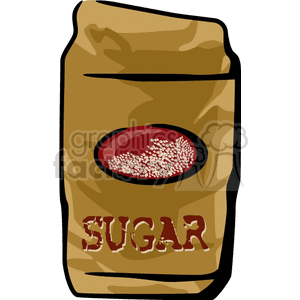 Clipart of a brown paper bag labeled 'SUGAR' with a decorative red oval containing sugar grains.