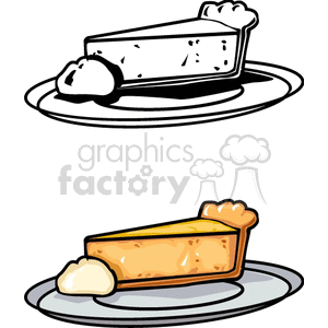 Clipart image of two slices of pie on plates with whipped cream. One piece is shown in black and white, while the other is colorful and appears freshly baked.