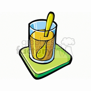 A clipart image of a hot beverage in a cup with a spoon, placed on a coaster.