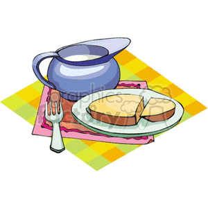 Clipart image of a jug with a drink and a plate with a sliced cake on a checkered tablecloth.