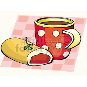 Clipart image of a polka-dotted cup filled with a hot beverage and a pastry on the side.