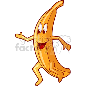 A cheerful, anthropomorphic banana character with arms and legs, appearing to dance.