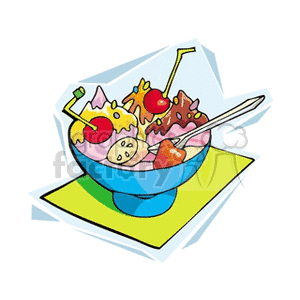 A colorful clipart illustration of an ice cream sundae in a blue bowl, topped with cherries, banana slices, and sauce, with multiple scoops and cocktail sticks.