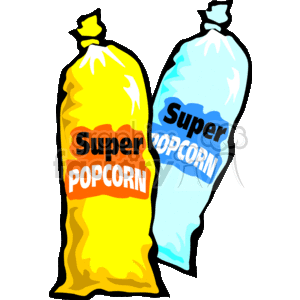 The clipart image features two bags of popcorn. One bag is yellow and the other is blue, both with the words Super Popcorn printed on them. The bags are twisted at the top, indicating that they might be closed or sealed.