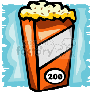 The clipart image displays a colorful container of popcorn. The container appears to be a traditional, vertically-striped popcorn box that's orange, white, and grey. It is overflowing with yellow popcorn. The image employs a cartoony and simple style, and it includes a light and dark blue background that looks like it could represent a curtain, often associated with theaters or movie screenings. There's also a circular label on the container with the number 200, which might indicate the size or price.