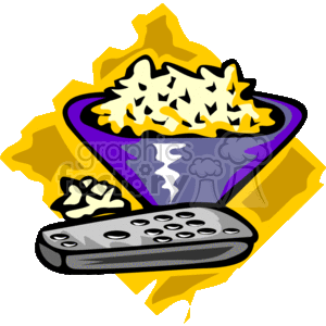 The clipart image depicts a purple and blue bowl filled with yellow popcorn, with a few pieces spilling over the side. Behind the bowl, there's a stylized burst shape that may represent excitement or the glowing effect of a screen, suggesting a connection to watching movies or television. In front of the bowl, there's also a black remote control device, reinforcing the theme of watching media content.
