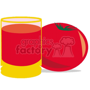 A clipart image of a glass of tomato juice next to a fresh tomato.