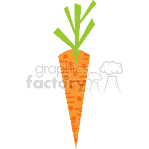 The clipart image depicts a single, stylized carrot, which is typically orange in color, with a green top that represents its leaves or stems. The carrot appears to be designed in a simplistic and graphic manner, common for clipart, suitable for use in educational material, menus, and various design projects related to food and healthy eating.