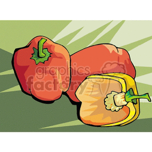 A clipart image depicting two whole red bell peppers and a half-cut yellow bell pepper on a green background.