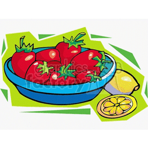A vibrant clipart image depicting a blue bowl filled with red tomatoes and a whole lemon with a lemon slice beside it. The illustration has a bright, colorful style with a green and white background.