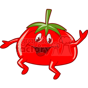 A cheerful cartoon tomato character with arms and legs, smiling and waving.