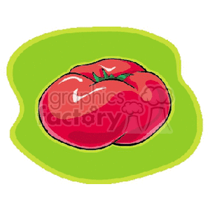 A clipart image of a red tomato with a green background.