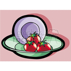 A clipart image of three red tomatoes on a green plate with a purple bowl in the background.
