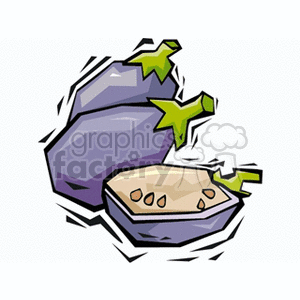 A clipart illustration of whole and cut eggplants with visible seeds.