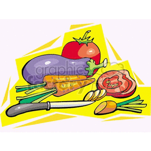 This clipart image features an assortment of colorful vegetables including an eggplant, carrots, tomatoes, garlic cloves, and a knife on a bright yellow background.