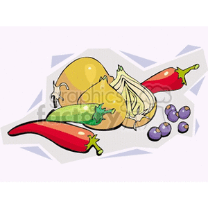 This clipart image depicts various vegetables including peppers, onions, and garlic along with a few blueberries.