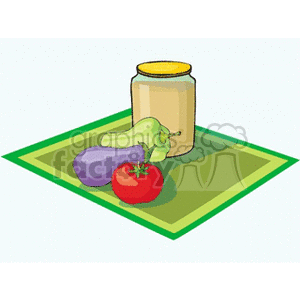 Clipart image of a jar, an eggplant, a bell pepper, and a tomato placed on a green mat.
