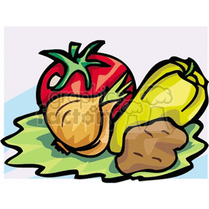 A colorful clipart image featuring a variety of vegetables including a tomato, onion, bell pepper, and potato, all placed on a leafy green base.