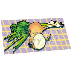 Clipart image of various vegetables including onions, green onions, and cilantro on a checkered background.