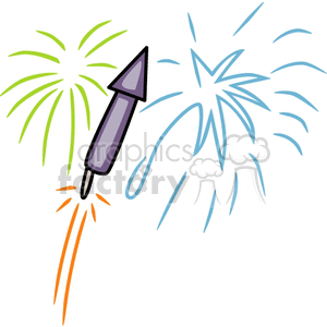 This image depicts a firework flying into the sky. In the background there are green and blue explosions from other fireworks