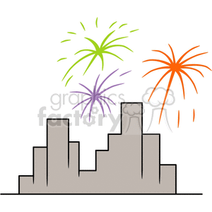 Clipart of a city skyline with colorful fireworks in the sky, representing Independence Day celebrations in the USA.