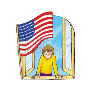 American Flag and Person at Window