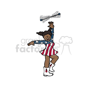 A clipart image of an African American cheerleader wearing a dress patterned with the American flag and tossing a baton.