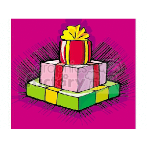 Colorful clipart of three stacked wrapped gifts with ribbons on a pink background.